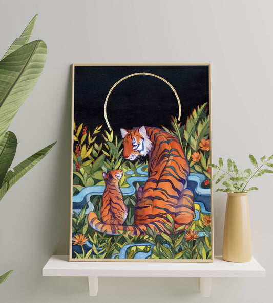 Tiger and Cub Art Print with Gold Leaf