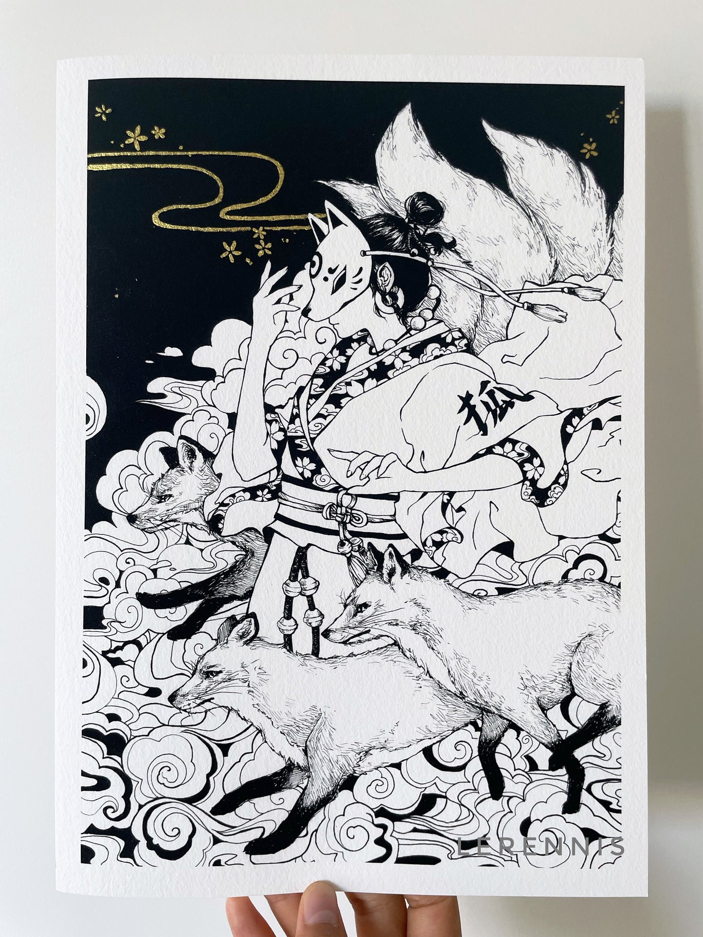 Kitsune Fox Art Print with Gold Leaf