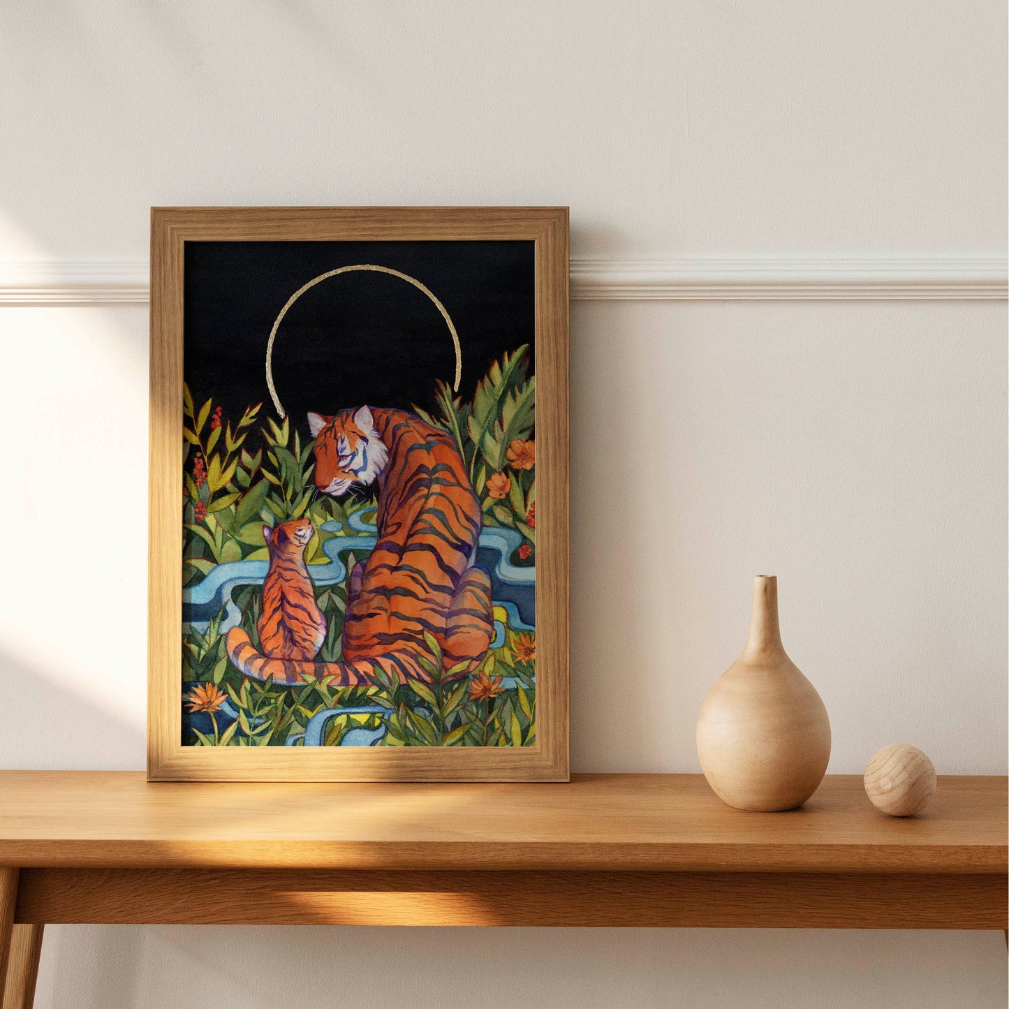 Tiger and Cub Art Print with Gold Leaf