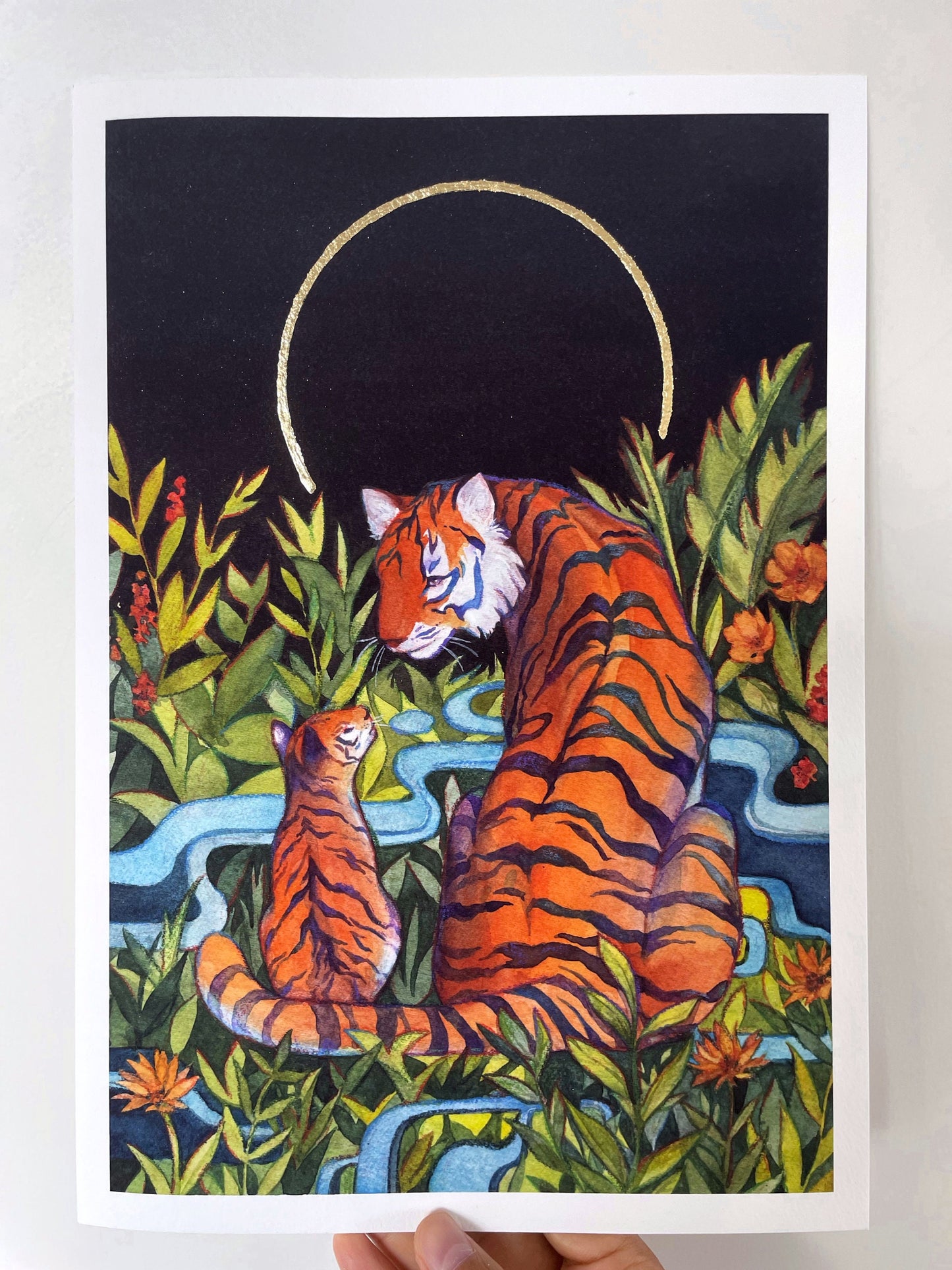 Tiger and Cub Art Print with Gold Leaf