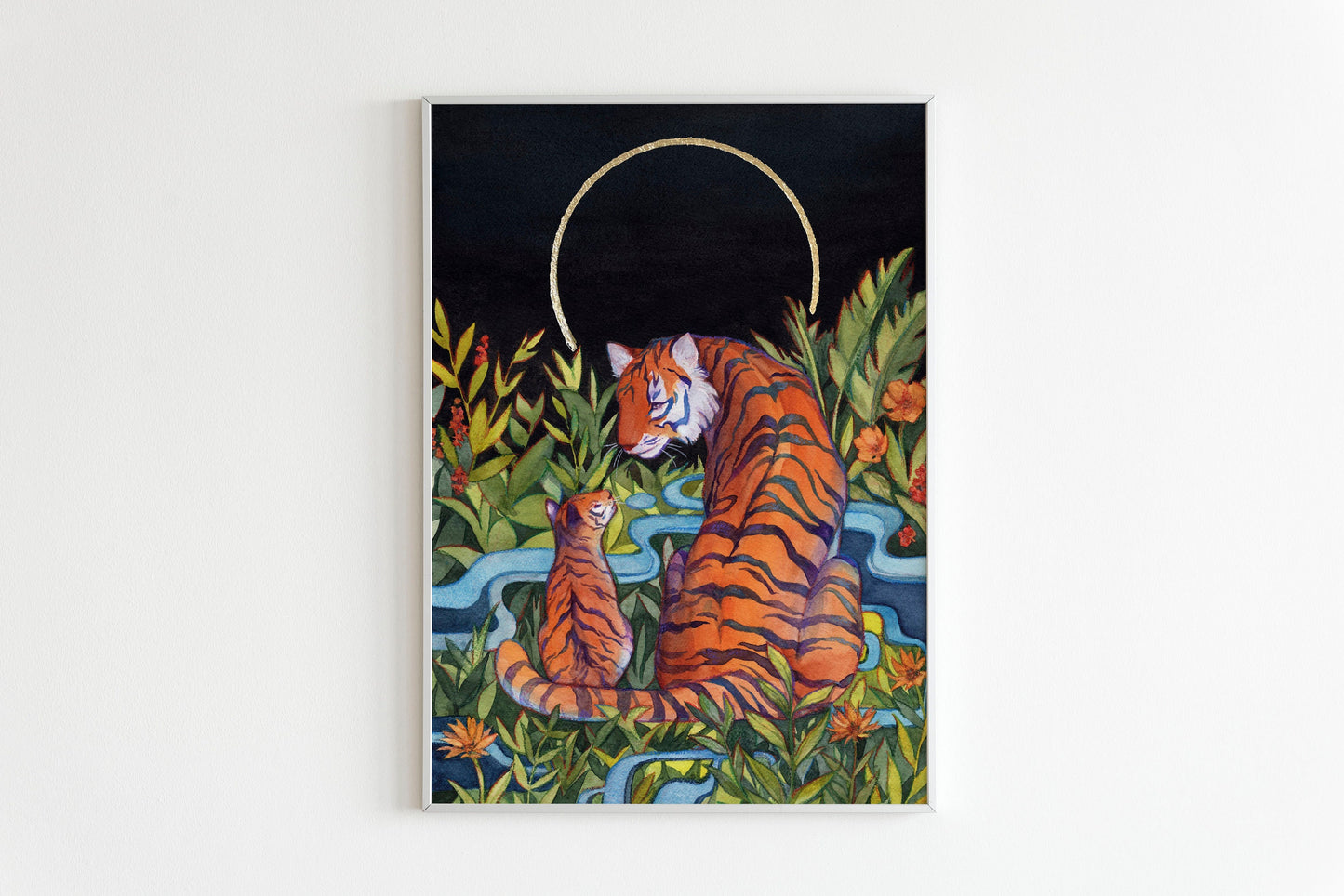 Tiger and Cub Art Print with Gold Leaf